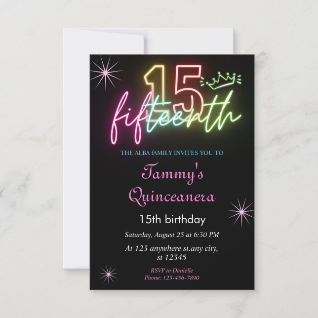 Invitation 15e anniversaireGlow Neon Quinceanera (Devant)