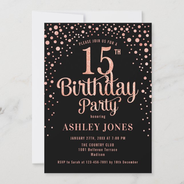 Invitation 15e fête d'anniversaire - Black & Rose Gold (Devant)