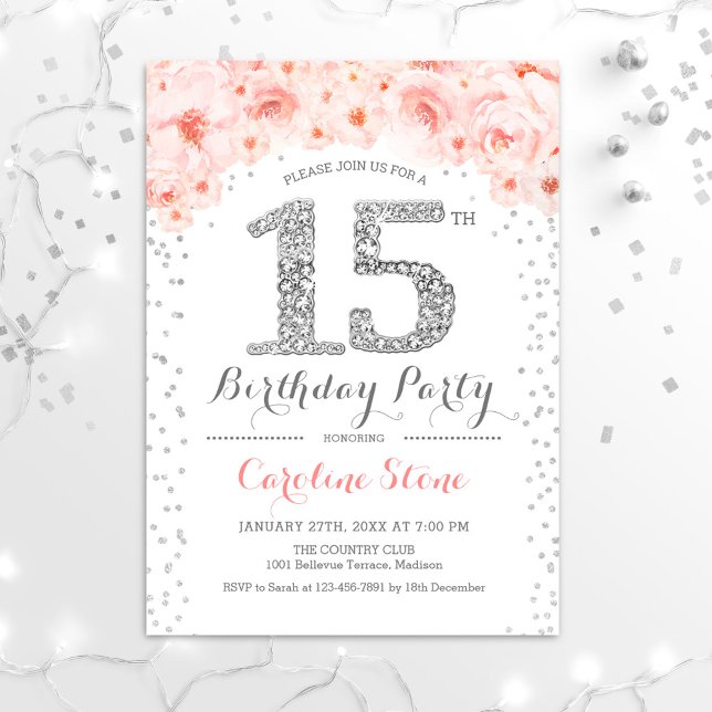 Invitation 15e fête d'anniversaire - Blanc Argent rose (Créateur téléchargé)