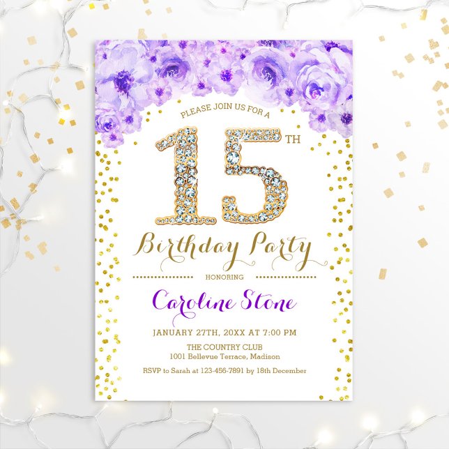 Invitation 15e fête d'anniversaire - Blanc Gold violet (Créateur téléchargé)