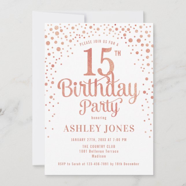 Invitation 15e fête d'anniversaire - Blanc & Rose Gold (Devant)