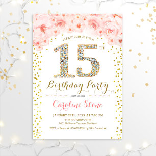 Invitation 15e fête d'anniversaire - Rose or blanc