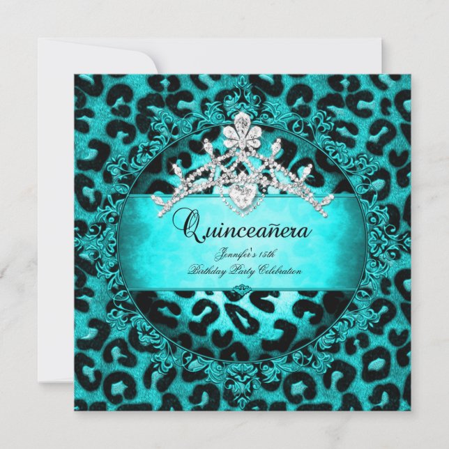 Invitation 15e Quinceanera Leopard bleu turquoise Tiara (Devant)