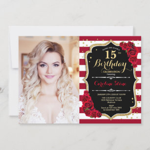 Invitation 15ème anniversaire avec photo - Black Red Gold