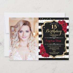 Invitation 15ème anniversaire avec photo - Rouge Gold Black
