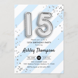 Invitation 15ème anniversaire - ballons argentés de rayures