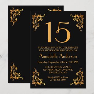 Invitation 15ème Cru élégant de noir d'or d'anniversaire