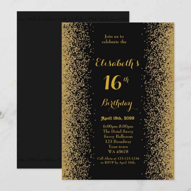 Invitation 16,16 Anniversaire,Parties scintillant,or noir (Devant / Derrière)