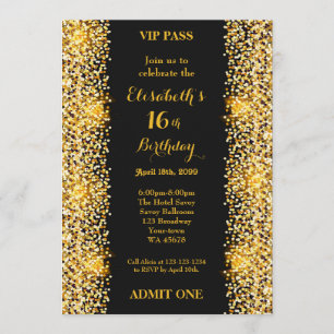 Invitation 16,Anniversaire 16,Style Gatsby,billet,or noir