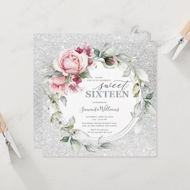 Invitation 16 Anniversaire Carré | Argent Rose (Devant/Arrière en situation)