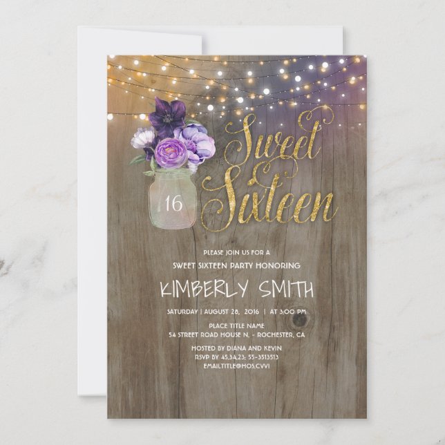 Invitation 16 Anniversaire - Sweet sixteen Mason Jar Purple (Devant)