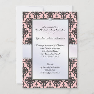 Invitation 16 ans d'inoubliable fête des Damas noires et rose