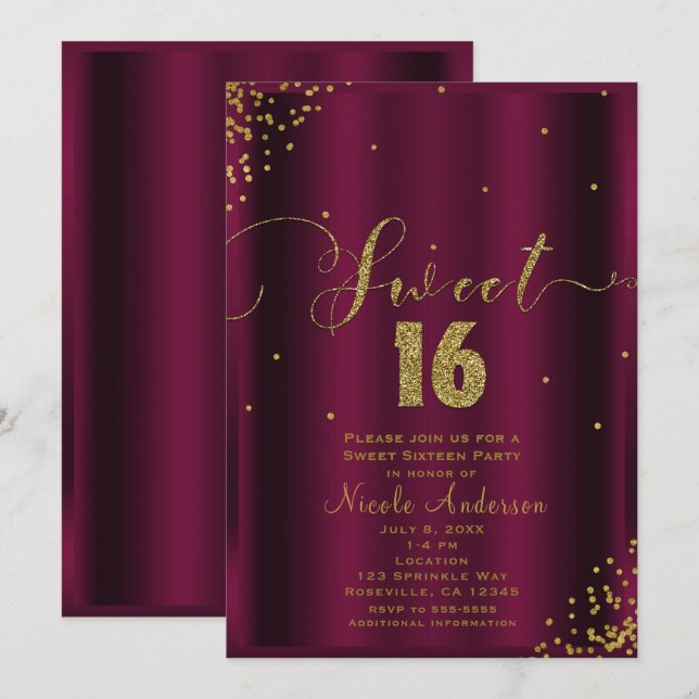 Invitation 16 ANS Douze Bourgogne & Or Coins de Confettis (Devant / Derrière)