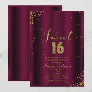 Invitation 16 ANS Douze Bourgogne & Or Coins de Confettis