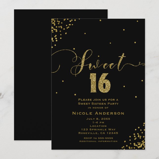 Invitation 16 ANS Fête 16 Coins de Confettis Noir & Or (Devant / Derrière)