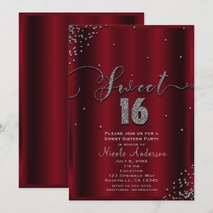 Invitation 16 ANS Fête 16 Coins de Confettis Rouges et Argent