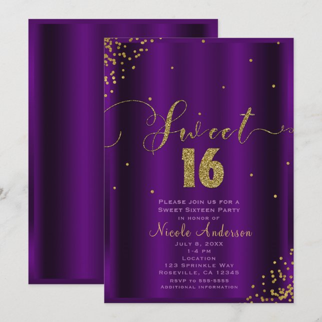 Invitation 16 ANS Fête 16 Coins de Confettis Violets et Dorés (Devant / Derrière)