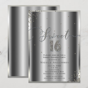 Invitation 16 ANS Seize Coins de Confettis Argentés Glamour