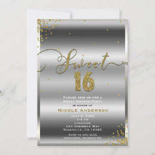 Invitation 16 ANS Six coins en papier argenté et doré
