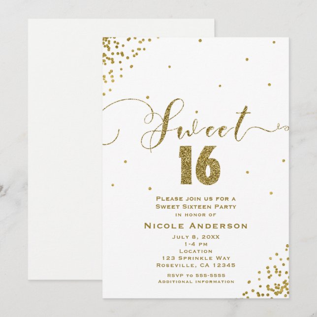 Invitation 16 ANS Sucré Seize Coins de Confettis Blancs et Do (Devant / Derrière)