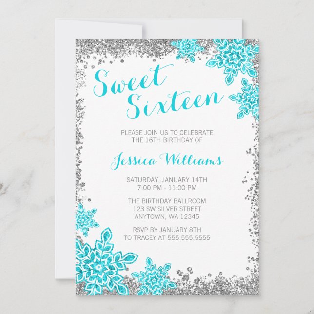 Invitation 16 Glam Winter Wonderland Silver Aqua (Devant)