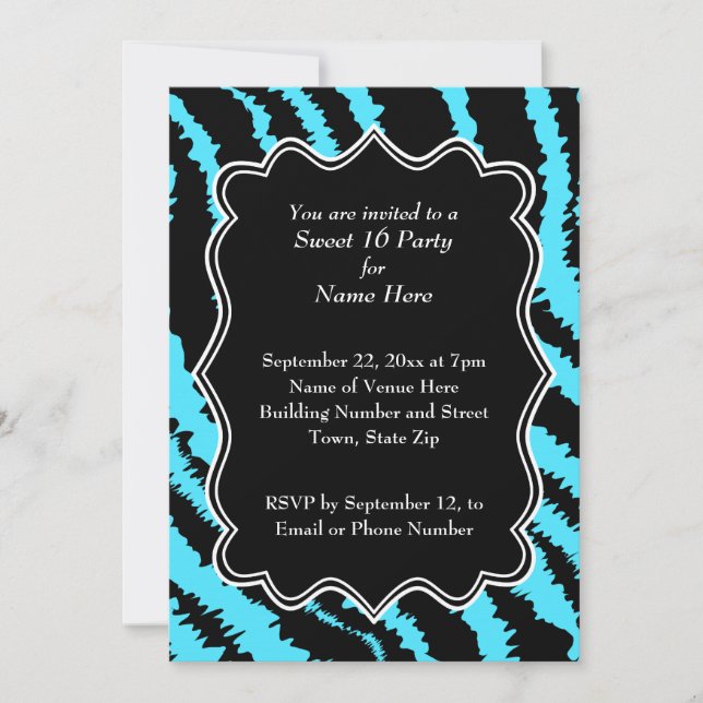 Invitation 16 motifs Zèbre noir et turquoise (Devant)