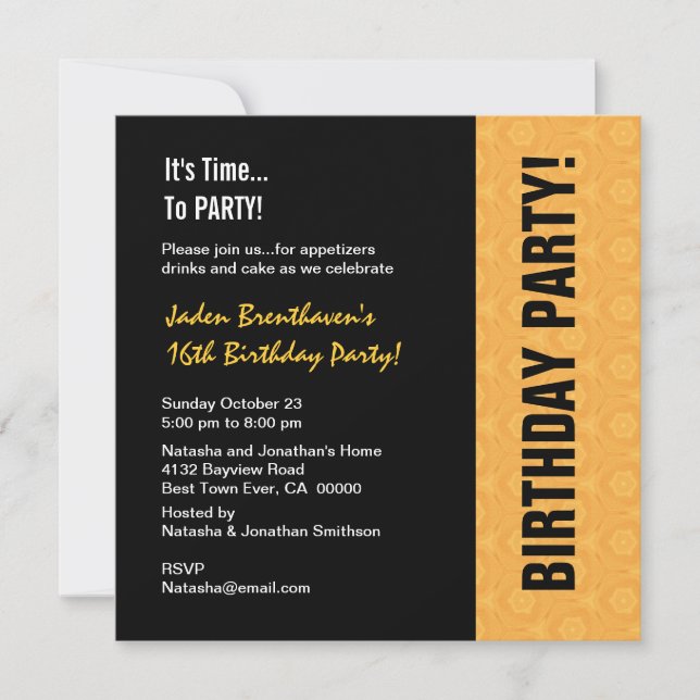 Invitation 16e Ado Anniversaire Moderne Gold and Black V841 (Devant)