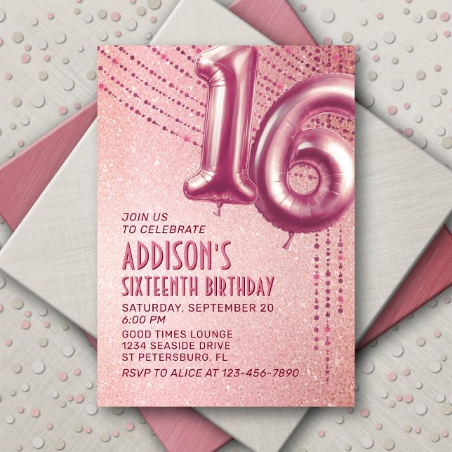 Invitation 16e anniversaire Ado fille Rose or (Créateur téléchargé)