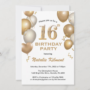 Invitation 16e anniversaire Ballons blancs et or
