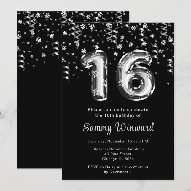 Invitation 16e anniversaire Ballons d'argent Snowflake Confet (Devant / Derrière)
