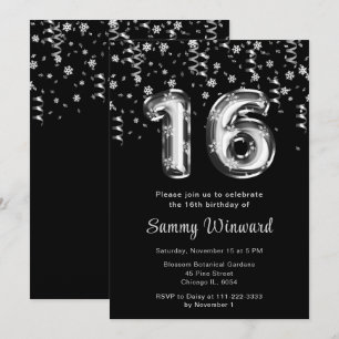 Invitation 16e anniversaire Ballons d'argent Snowflake Confet