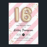 Invitation 16e anniversaire - Ballons d'or à rayures roses<br><div class="desc">Bonne invitation à la fête du 16ème anniversaire. Design élégant en or de parties scintillant imitation avec rayures rose et blanc. Carte Invitation avec ballons numéro or 16,  police de script avec confetti. Parfait pour une fête sweet sixteen anniversaire élégante. Message-moi si vous avez besoin d'âge personnalisé.</div>