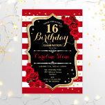 Invitation 16e anniversaire - Black Gold Red White Stripes Ro<br><div class="desc">Invitation 16th Birthday Elégant design rouge noir blanc avec fausse parties scintillant or. Marsala,  rayures rouges et blanches avec rose. Parfait pour une soirée d'anniversaire élégante.</div>