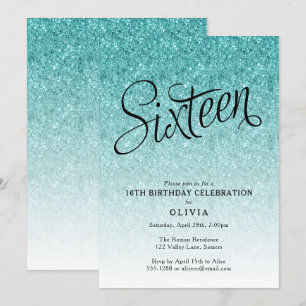 Invitation 16e anniversaire Blue Ombre Parties scintillant In