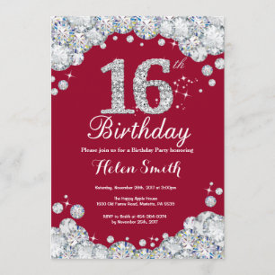 Invitation 16e anniversaire Bourgogne Rouge et Diamant Argent