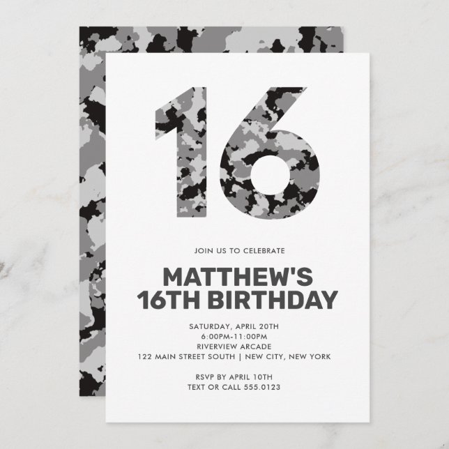 Invitation 16E Anniversaire, Camo gris Ado personnalisé (Devant / Derrière)
