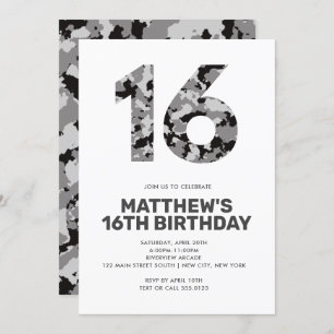 Invitation 16E Anniversaire, Camo gris Ado personnalisé