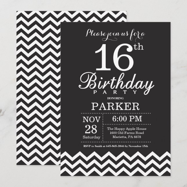 Invitation 16e anniversaire Chevron noir et blanc (Devant / Derrière)