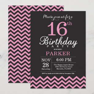 Invitation 16e anniversaire Chevron noir et rose