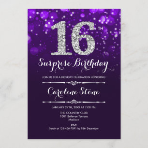 Invitation 16e anniversaire de surprise - Argent mauve
