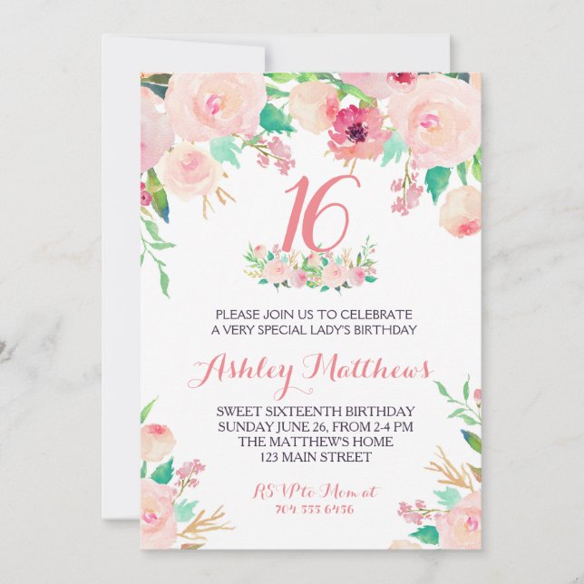 Invitation 16E anniversaire de SWEET SIXTEEN rose Floral Invi (Devant)