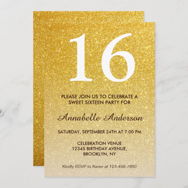 Invitation 16e anniversaire Elegant Yellow Gold Parties scint (Devant / Derrière)