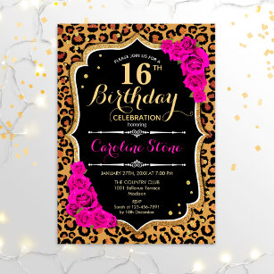 Invitation 16e anniversaire - Empreinte de léopard Roses rose
