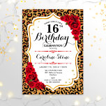 Invitation 16e anniversaire - Empreinte de léopard rouge or<br><div class="desc">Invitation du 16e anniversaire. Elégant design rouge blanc avec de l'or de parties scintillant imitation. Comprend un poster de animal de guépard léopard, des caractères de script et des roses. Parfait pour une soirée d'anniversaire élégante. Peut être personnalisé dans n'importe quelle année! Message-moi si vous avez besoin d'une personnalisation plus...</div>