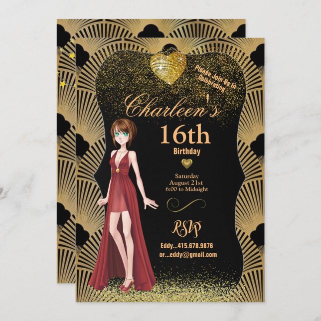 Invitation 16e anniversaire fête Art Déco Gatsby fille (Devant / Derrière)