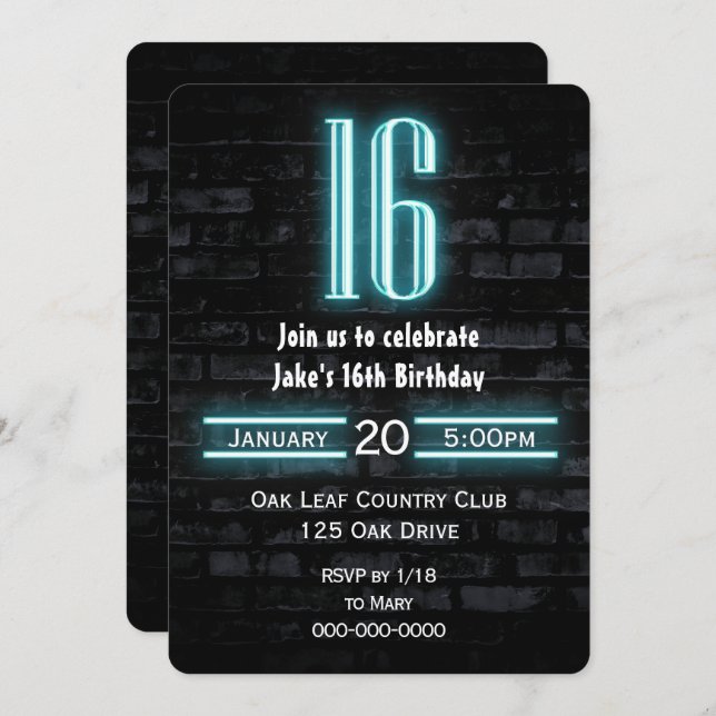 Invitation 16e anniversaire fête néon Connexion en brique (Devant / Derrière)