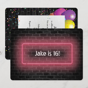 Invitation 16e Anniversaire Fête néon signe sur le mur