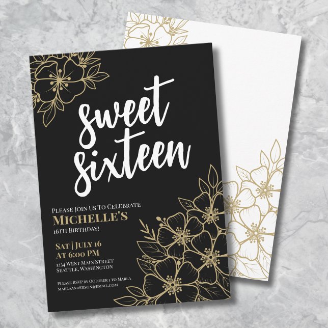 Invitation 16e Anniversaire Fleur d'Or Douze Ans Révolus (16th Black Gold Floral Sweet Sixteen Birthday Invitation)