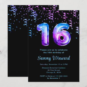 Invitation 16e anniversaire Galaxy Balloons avec Confetti