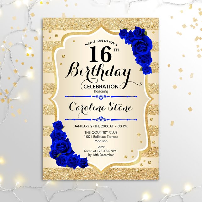 Invitation 16e anniversaire - Gold Stripes Roya; Roses bleus (Créateur téléchargé)